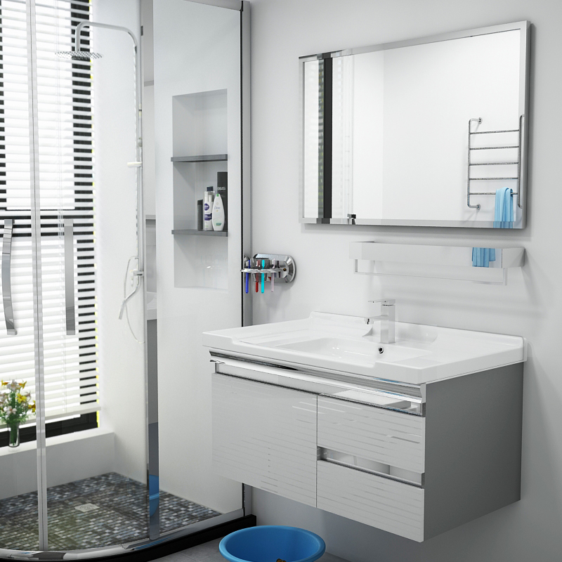 Modern simple stainless steel bathroom cabinet combination wash basin Hand wash wash basin sink storage cabinet white steel