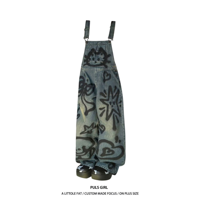 Plus-Size American Retro Washed Distressed Graffiti Denim Overalls for Women 2026 New Loose Drape Wide-Leg Pants
