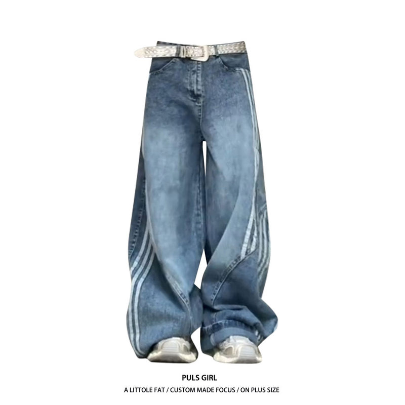 Plus-Size American Retro Washed Deconstructed Jeans for Women 2025 New Style Three-Stripe Patchwork Wide-Leg Floor-Length Pants