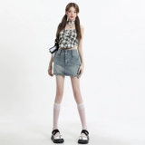 Летняя джинсовая юбка, мини-юбка, А-силуэт, высокая талия, с акцентом на бедрах