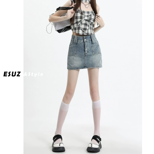 Летняя джинсовая юбка, мини-юбка, А-силуэт, высокая талия, с акцентом на бедрах