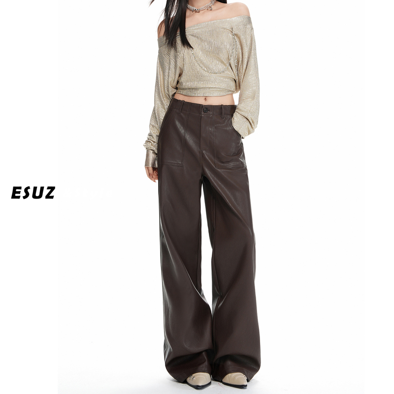 Melard Coffee-Colored Pu Wide-Leg Leather Pants for Women, Autumn 2026 New Style, Mid-Low Waist, Loose Fit, Slimming Straight-Leg Casual Pants