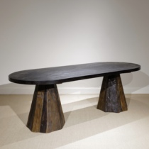 侘寂风双腿椭圆桌原创产品实木长桌家用古木风化纹沧桑感设计家具