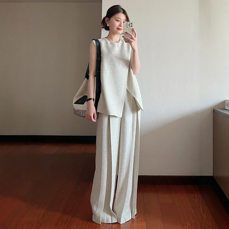 French-Style Design Sportswear Suit for Women, Summer Fashion, Lazy Style, Sleeveless Vest, Wide-Leg Pants, Casual Two-Piece Set