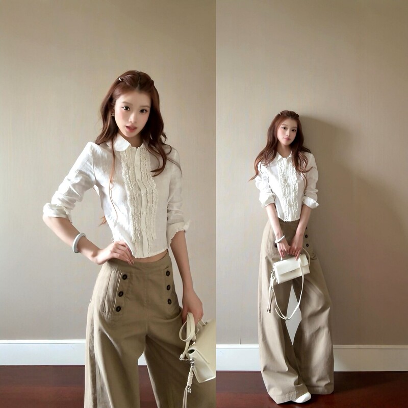 French-Style High-End Sports Suit for Women, Autumn Fashion, Korean-Style Outfit, Long-Sleeved Shirt, Wide-Leg Pants, Casual Two-Piece Set