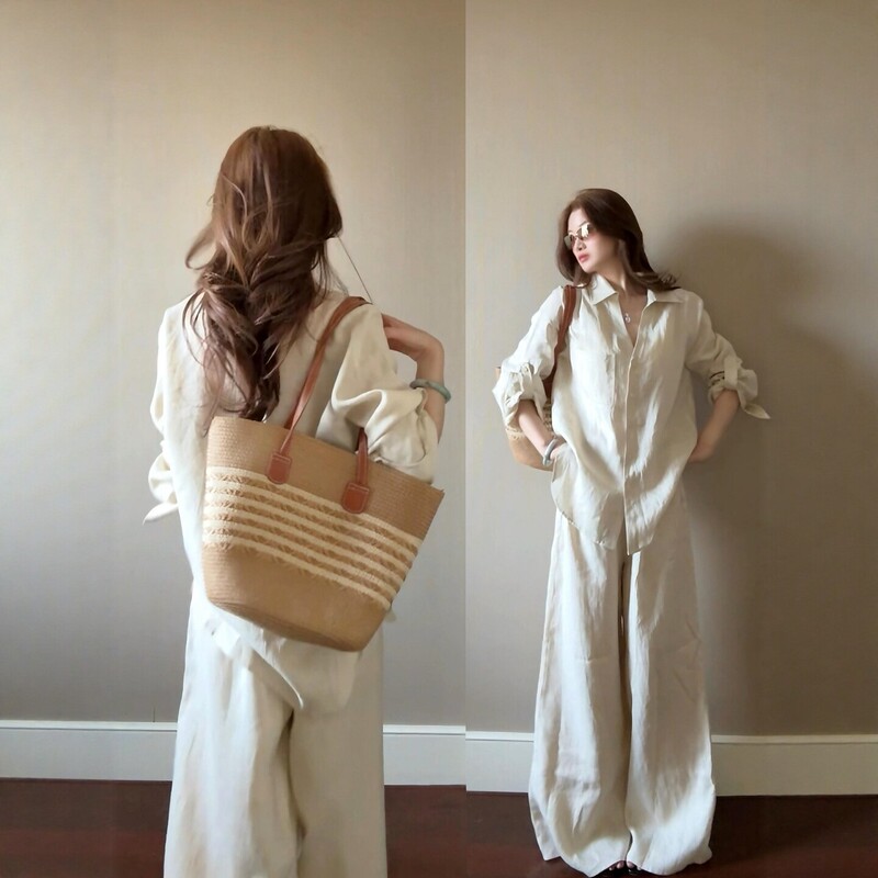 Casual Sporty Suit for Women in Autumn, Loose Fit, Slimming, High-End Cotton and Linen Shirt, Wide-Leg Pants, Casual Two-Piece Set, Trendy
