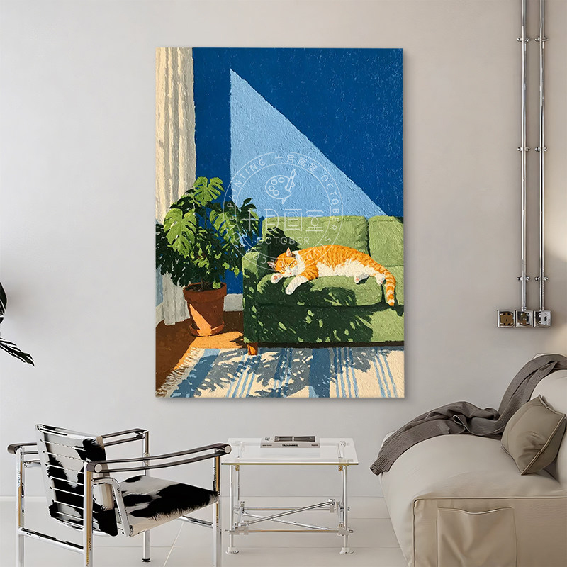 Afternoon Lazy Cat Living Room Decorative Painting Bauhaus Niche Art Bedroom Painting Bedside Hanging Painting High-End Wall Art