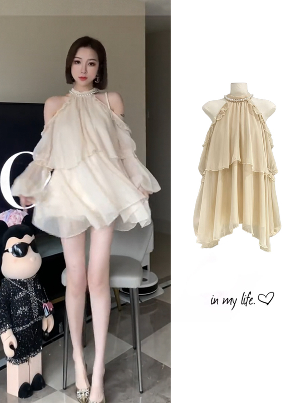 French-Style Apricot Pearl Halter Neck Off-Shoulder Pure Desire Dress for Women 2026 Summer Sexy Sweet Long-Sleeve Chiffon Dress