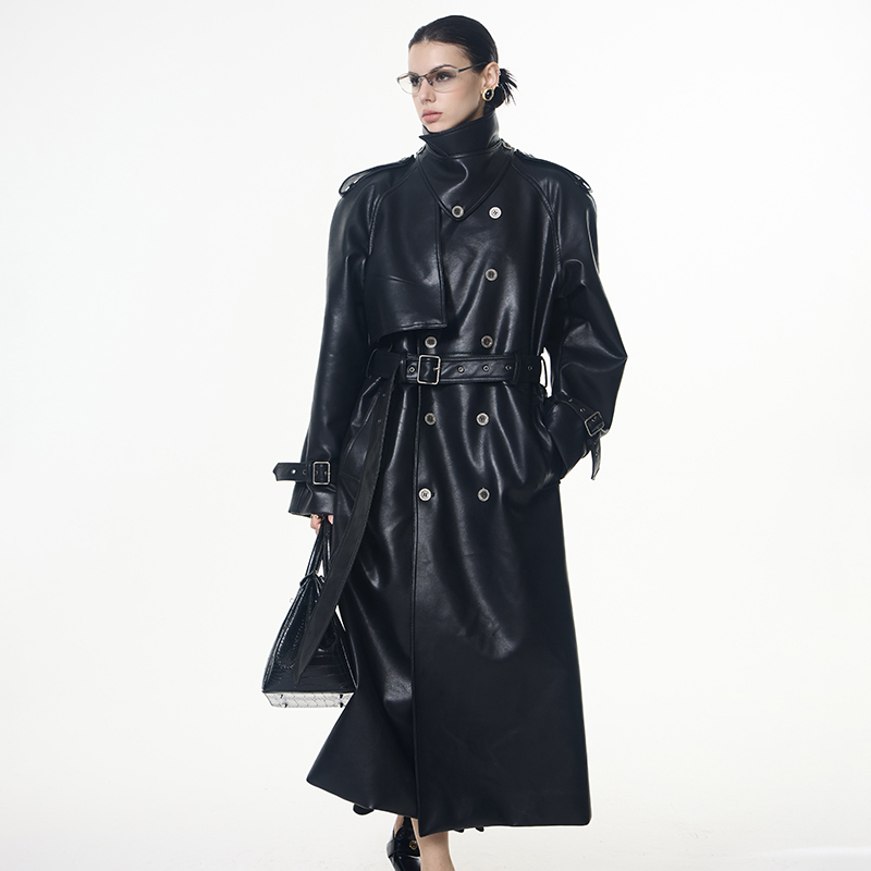 Interlinked Sex and the City Deconstructed Silhouette Pu Leather Coat Double-Breasted Stand Collar Waist-Cinching Trench Coat
