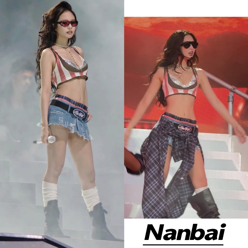 Jennie's Same Style American Retro Red and White Striped Rhinestone Camisole with Low-Waisted Denim Mini Skirt