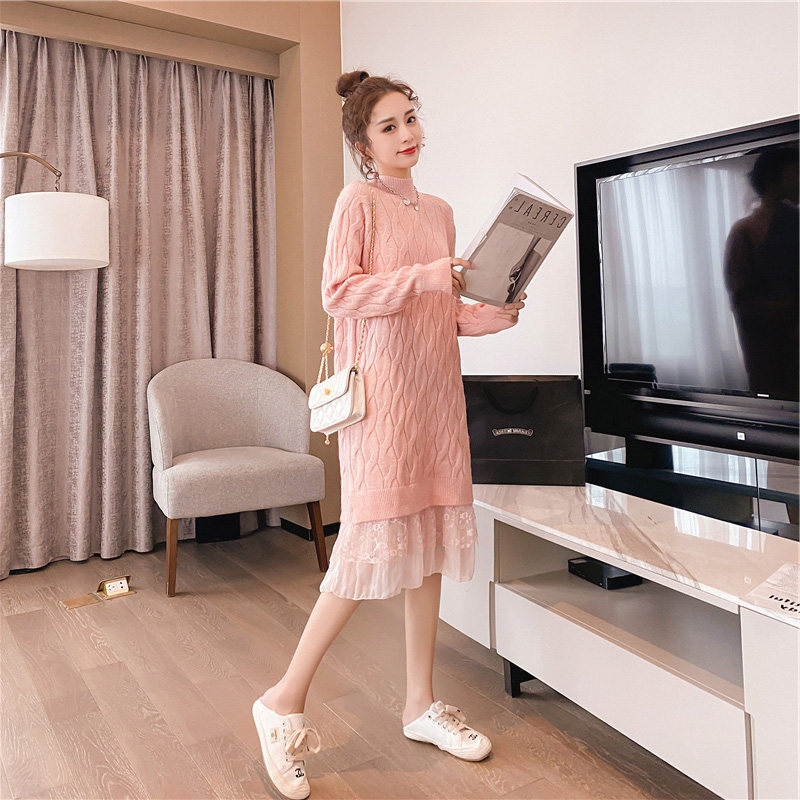 Maternity wear autumn and winter wear 2021 new lace stitching maternity sweater mid-length knitted dress maternity skirt women