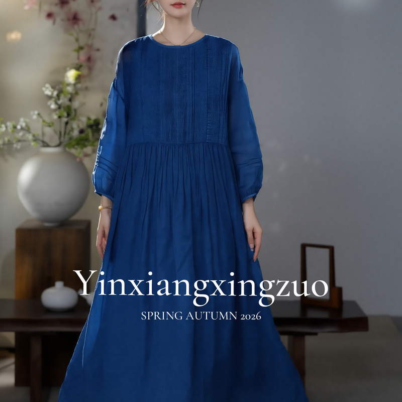 Navy Blue Lazy Style Unique Three-Quarter Sleeve Dress 2026 Autumn New Plus Size Women's Clothing Fat mm Dress Women
