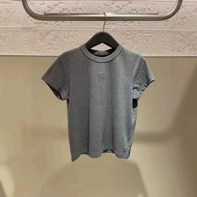 Trendy Niche Brand Letter Print Fine Glitter Regular Shoulder Short Sleeve T-Shirt Slim Fit Round Neck Versatile Casual Base Top for Women
