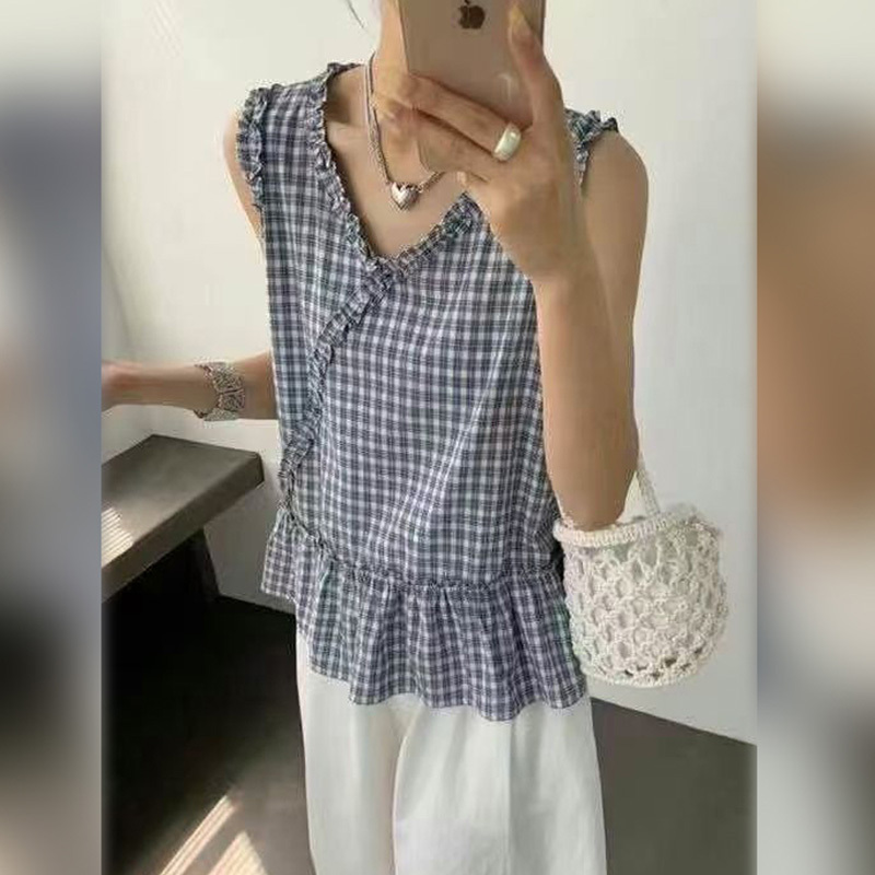 Korean Style Blue Plaid Sleeveless Vest Shirt for Women, Summer Design, Niche Shirt, Loose and Elegant Top Korean Style Blue Plaid Sleeveless Vest Shirt for Women, Summer Design, Niche Shirt, Loose and Elegant Top