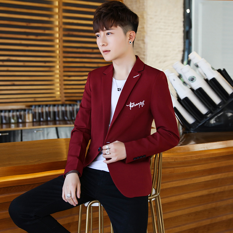 Casual Suit for Men with Red Letter Embroidery, Barber Jacket, Autumn Set, Slim Fit, Trendy and Fashionable Small Suit Casual Suit for Men with Red Letter Embroidery, Barber Jacket, Autumn Set, Slim Fit, Trendy and Fashionable Small Suit
