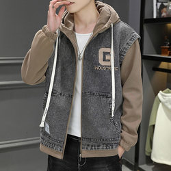 Fake Two-Piece Patchwork Denim Jacket for Male Students, 2025 Autumn Sweatshirt, Trendy Brand, Loose Hooded Embroidered Coat for Older Children
