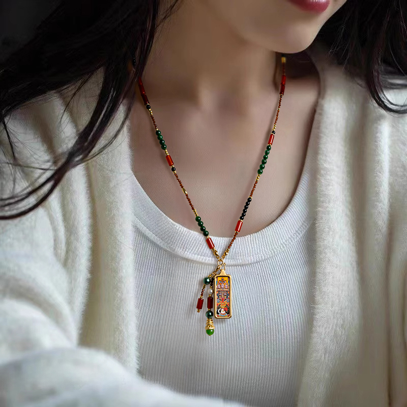 1*3cm Tibetan-Style Small Thangka Pendant Necklace with Zaki Ram, Yellow God of Wealth, Green Tara, Black God of Wealth, and Jade Chain