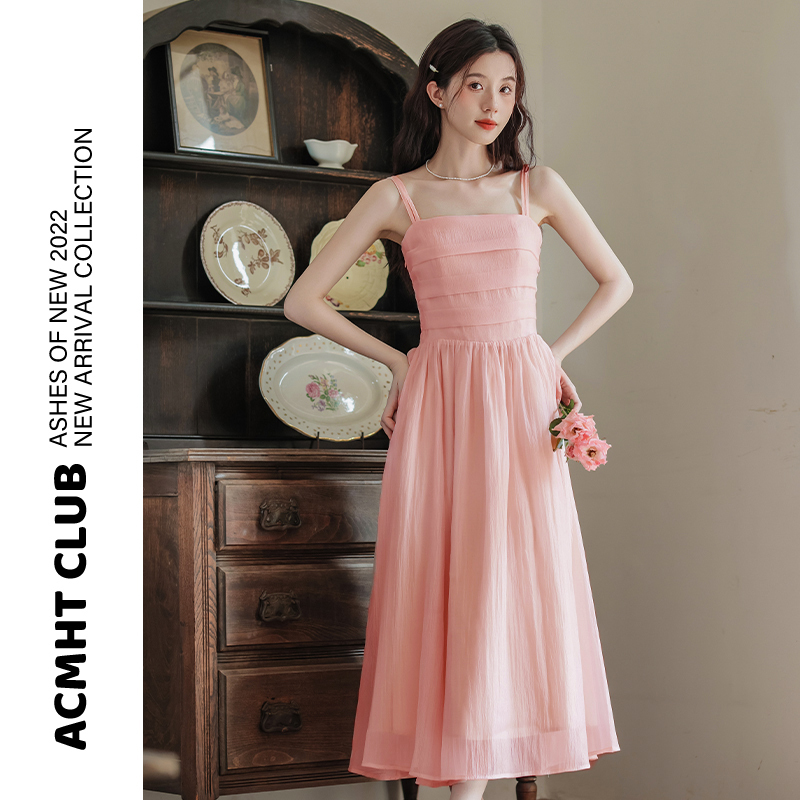 French-Style Gentle Pink Strapless Dress for Women, New Summer Slim-Fit Elegant Seaside Vacation Fairy Long Dress