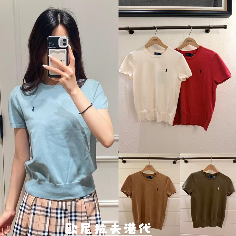 Ralph Lauren Embroidered Horse Logo Pima Cotton Plain Short-Sleeve Solid Color Knit T-Shirt Top for Women Ralph Lauren Embroidered Horse Logo Pima Cotton Plain Short-Sleeve Solid Color Knit T-Shirt Top for Women