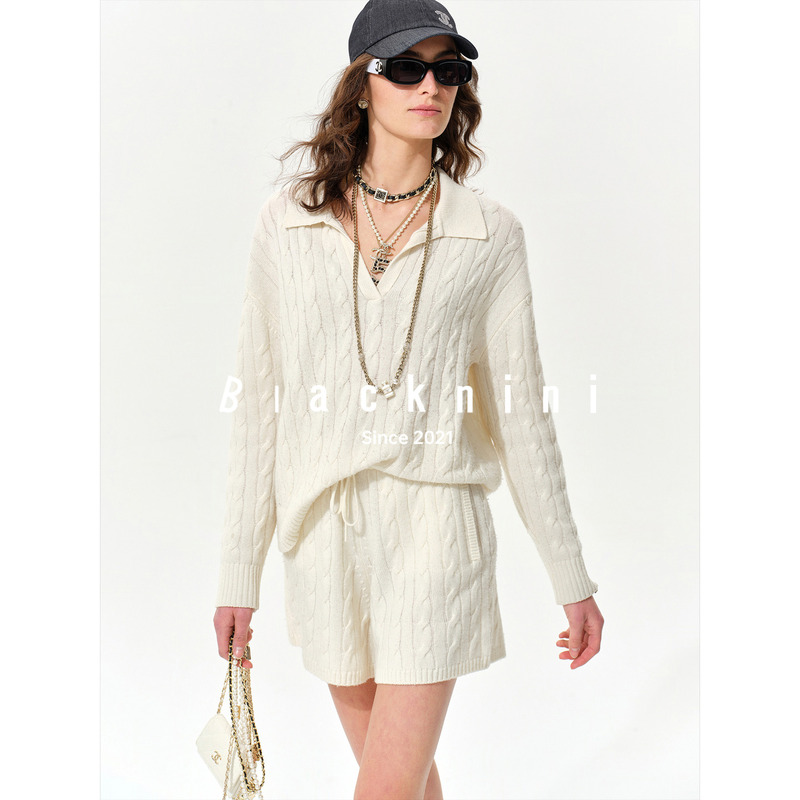 Blacknini (Five-Color Cable Knit Series) Knitted Sweater Cashmere Cardigan Wool Top Short Pants Women's Autumn and Winter