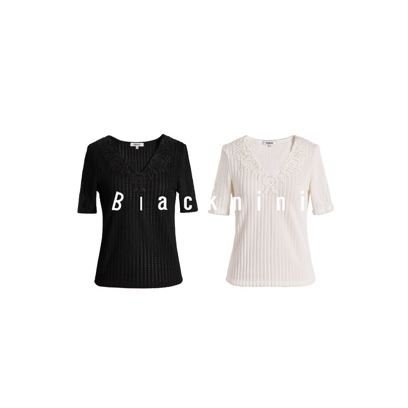 Blacknini Two-Color) "Lace T-Shirt" Du+ Jacquard Knitted Lace Texture Lace Trim V-Neck Lace T-Shirt