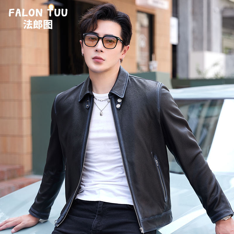 Autumn and Winter Haining Genuine Leather Jacket for Men, First-Layer Goat Leather Short Style with Turn-Down Collar, Motorcycle Leather Jacket, Korean Style Casual Coat