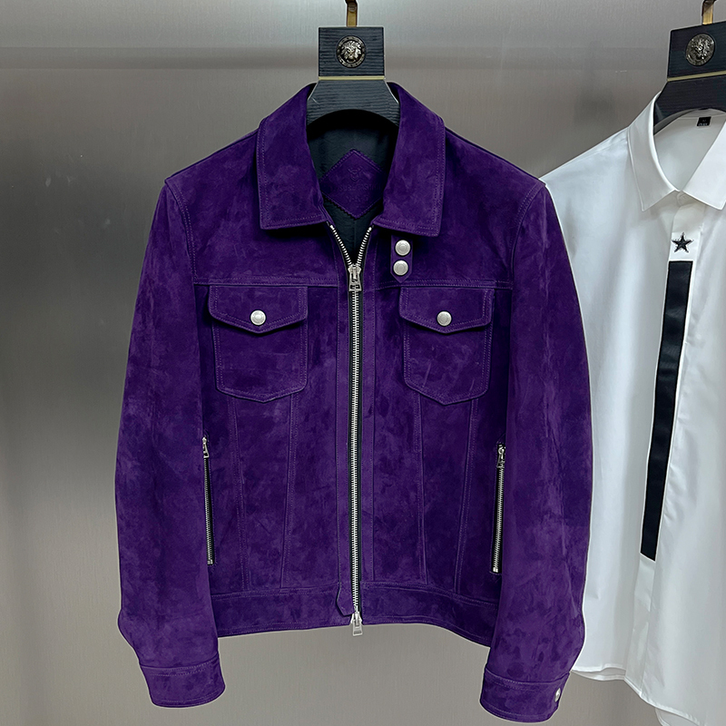 New Imported Suede Mixed Sheepskin Genuine Leather Jacket Men's Short Lapel Leather Jacket Tf Style Motorcycle Jacket