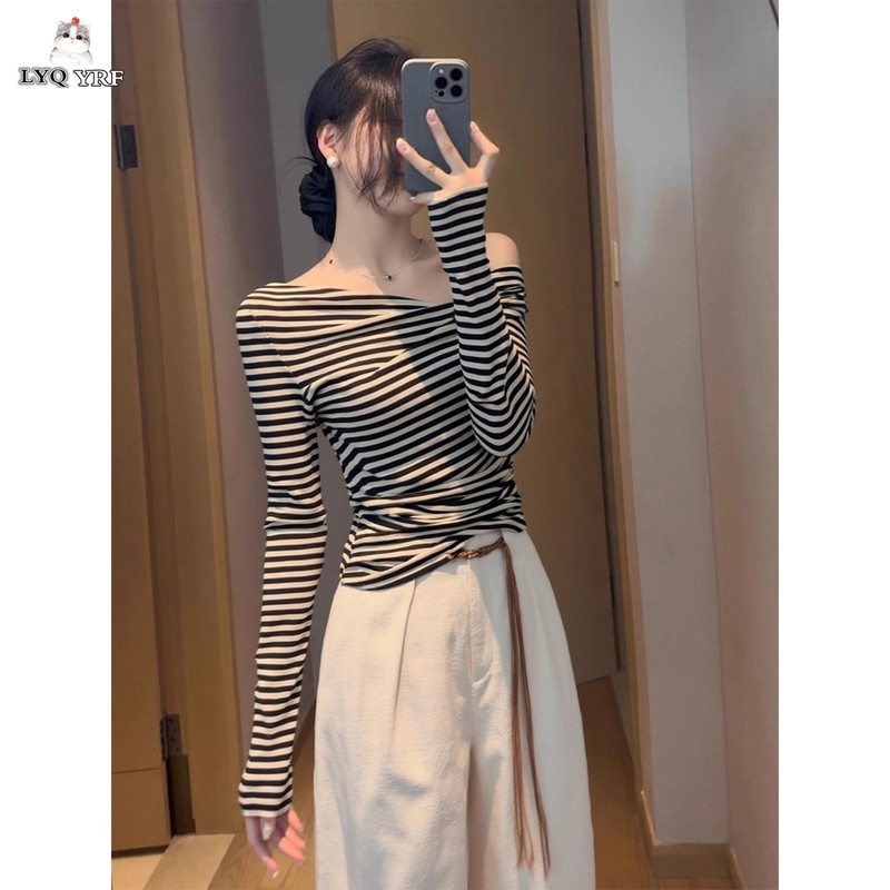 Lyq Yrf New Autumn Design Asymmetrical Shoulder Striped Long-Sleeve T-Shirt for Women, Spicy Style, Unique Design, Revealing Collarbone Top Lyq Yrf New Autumn Design Asymmetrical Shoulder Striped Long-Sleeve T-Shirt for Women, Spicy Style, Unique Design, Revealing Collarbone Top