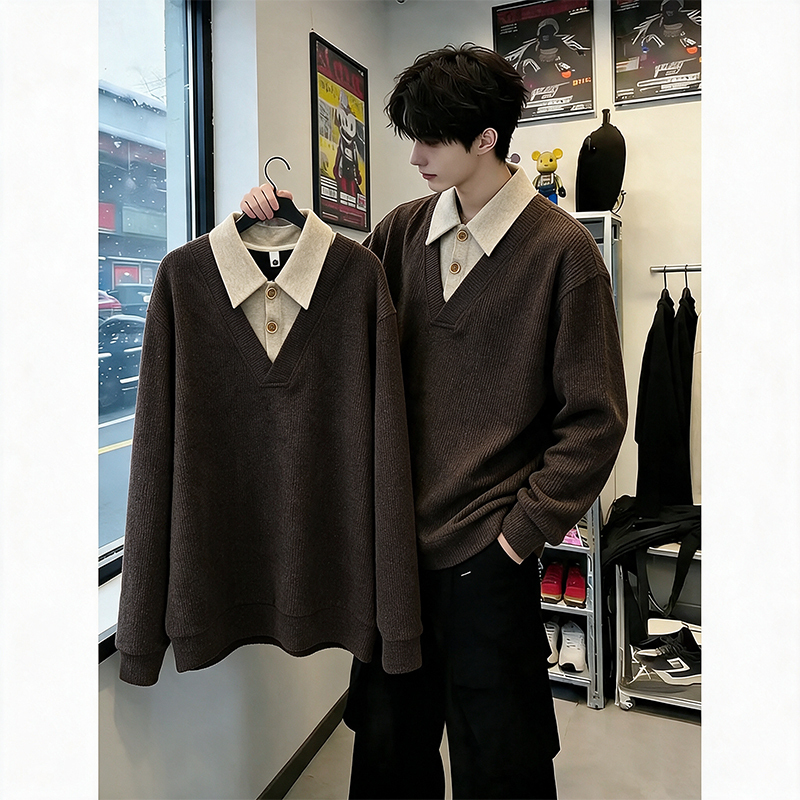 Coffee-Colored Old Money Style Retro Heavyweight Faux Two-Piece Knitted Sweater for Men, Autumn Lazy Style Turn-Down Collar Casual Shirt Jacket Coffee-Colored Old Money Style Retro Heavyweight Faux Two-Piece Knitted Sweater for Men, Autumn Lazy Style Turn-Down Collar Casual Shirt Jacket