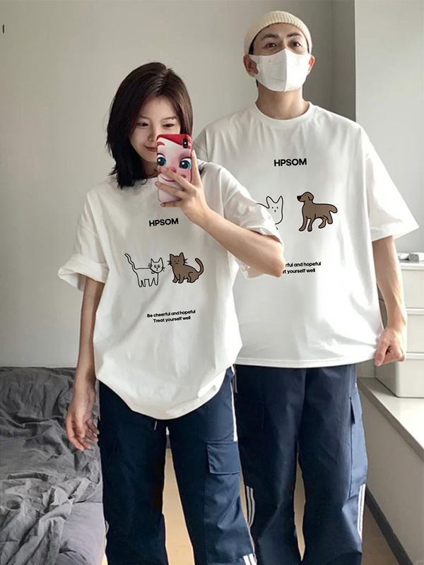 Different Couple Matching T-Shirts 2024 New Trendy Brand Summer Clothes High-Quality Internet Celebrity Pure Cotton Short-Sleeved Men's and Women's Sets