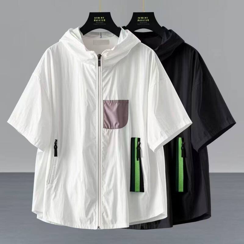 Summer Thin Loose Hooded Short-Sleeve T-Shirt for Men, Casual Workwear with Pockets and Zipper, Japanese Style Trendy Versatile Top