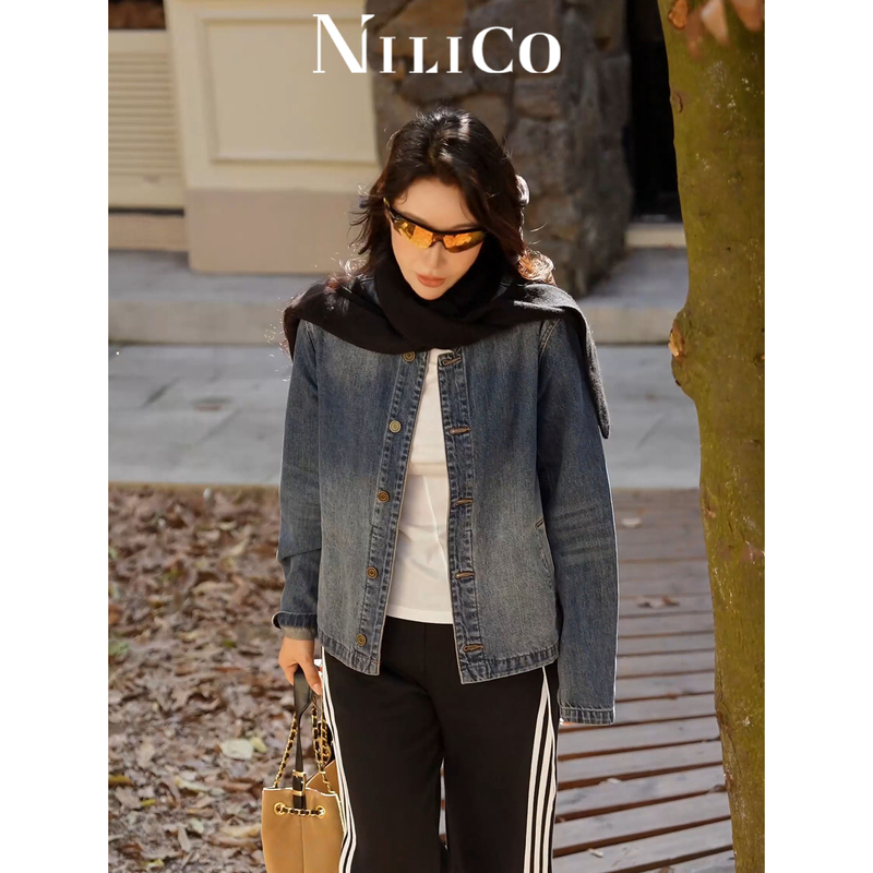Nilico Chen Mei【In the Mood for Love】Vintage Cotton Bamboo Pattern Washed Distressed Lapel Short Denim Jacket for Women