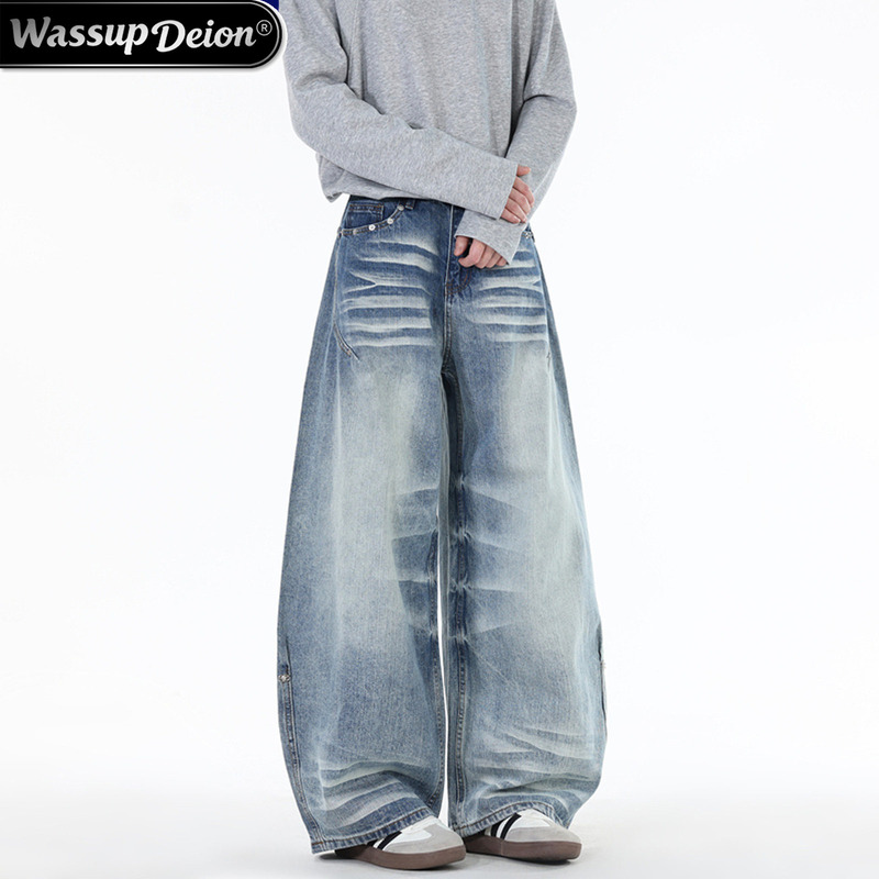 Wassup Deion American Retro Whiskered Jeans for Men, Spring and Autumn Heavy-Duty No-Seam Wide-Leg Denim Scimitar Pants