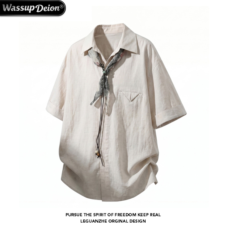 Wassup Deion Old Money Style Linen Short-Sleeve Shirt for Men and Women, Summer Hidden Button Silk Scarf Shirt, High Street Style Shirt Wassup Deion Old Money Style Linen Short-Sleeve Shirt for Men and Women, Summer Hidden Button Silk Scarf Shirt, High Street Style Shirt