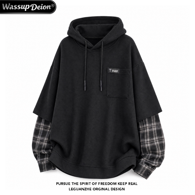Wassup Deion Casual Style Layered Sleeve Fake Two-Piece Sweatshirt for Men and Women Spring and Autumn ins Pullover Hooded Sweatshirt for Men