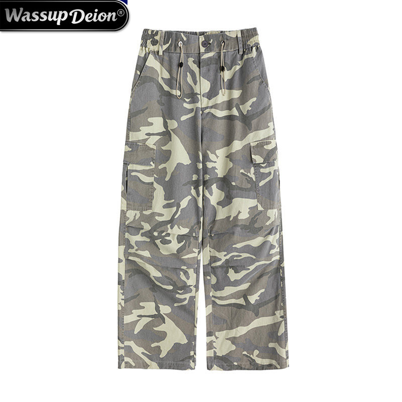 Wassup Deion American-Style Wide-Leg Camouflage Cargo Pants for Men, Spring and Autumn Pure Cotton Multi-Pocket Long Pants, Camouflage Sweatpants