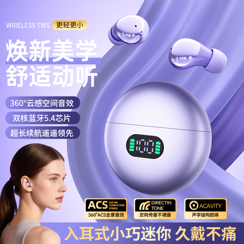 Wireless Bluetooth Earphones, Ultra-Small Earbuds with Heavy Bass and High Sound Quality, Binaural, for Sports, Running, In-Ear, and Sleep Use