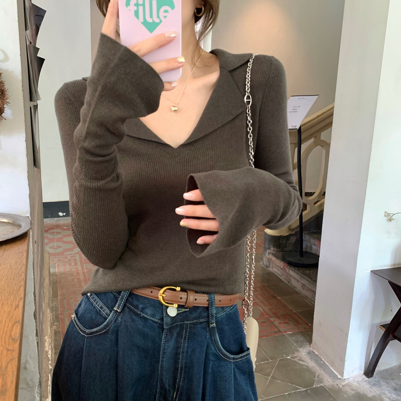 High-End Ribbed V-Neck Knitted Base Shirt for Women, 2026 Autumn and Winter New Style, Turn-Down Collar, Regular Shoulder, Long-Sleeved Top