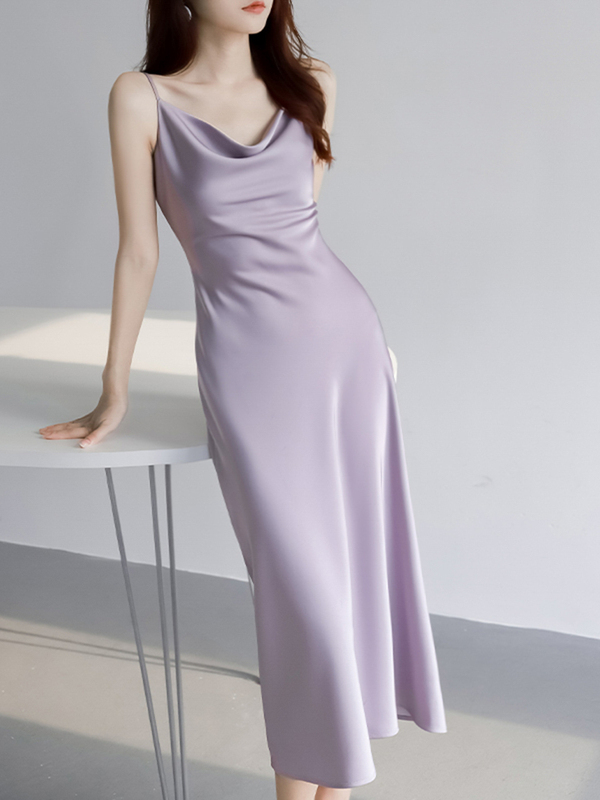 French-Style Swing-Neck Acetate Satin Slip Dress for Women, Summer High-End Elegant Socialite Waist-Cinching Bodycon Long Dress