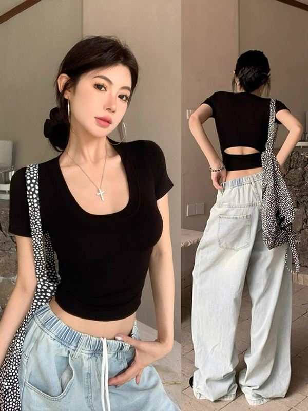 American-Style Spicy Girl Black U-Neck Waist-Revealing Short-Sleeve T-Shirt for Women, New Summer Sexy Slim-Fit Short Top