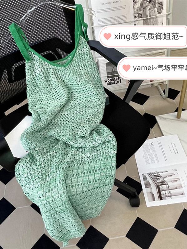 Green Elegant Spaghetti Strap Dress for Women, New Summer Style, Seaside Vacation, Forest Style, Pastoral Style, Sleeveless Knitted Long Dress Green Elegant Spaghetti Strap Dress for Women, New Summer Style, Seaside Vacation, Forest Style, Pastoral Style, Sleeveless Knitted Long Dress