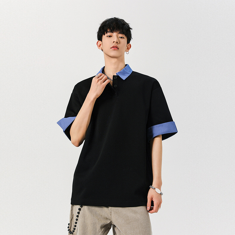 Wuyibai Summer 2025 New Men's American Style Fake Two-Piece Shirt Polo Short Sleeve Men's Loose Casual T-Shirt