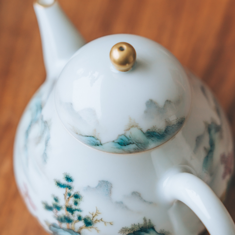 Lane. Jingdezhen pure manual pastel hand - made scenery small pear pot teapot kung fu tea set