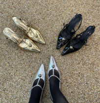 Mrich designer brand ODTD 2024 spring and summer new style first-layer cowhide metallic pointed T-strap kitten heel