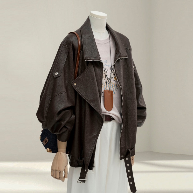 Meilade 2026 Spring and Autumn New Loose Fit Leather Jacket for Women, Motorcycle Style, with Fleece Lining and Thickened