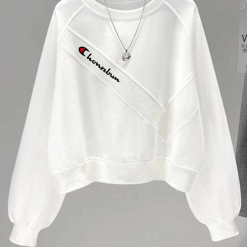 Champion Rainbow White Round Neck Off-Shoulder Short Sweatshirt for Women Spring & Fall Oversize Loose and Versatile Long-Sleeved Top