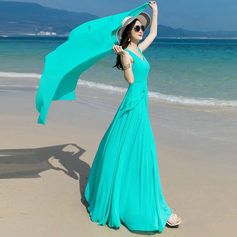 Chiffon Dress with the Same Color Silk Scarf Summer Long Skirt 2024 New Elegant Long Style Slimming Look Tall Waist Two-Piece Set