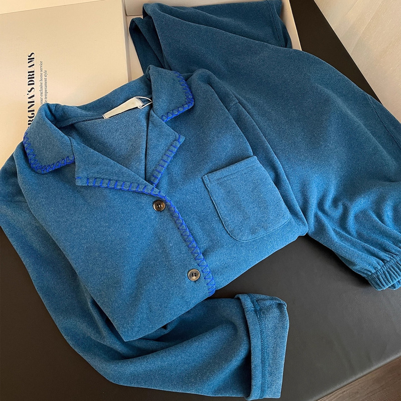 French Zayviar Bright Blue Velvet Brushed Pajamas for Women 2026 Autumn and Winter New Home Wear Set for Outerwear