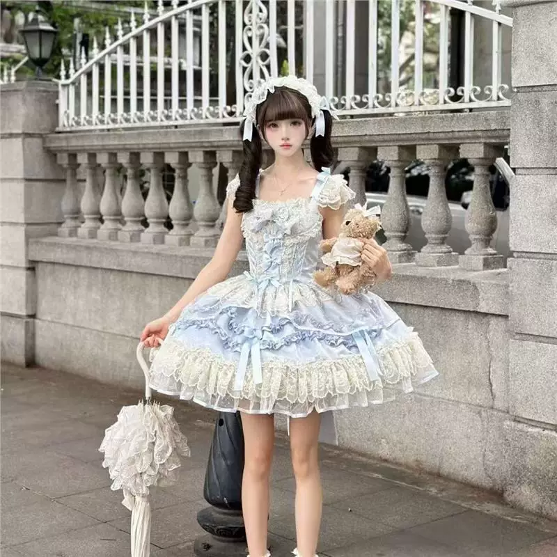 Платье Lolita jsk, четырёхслойная юбка, кружевная отделка, с аксессуаром для волос — размеры S–XL