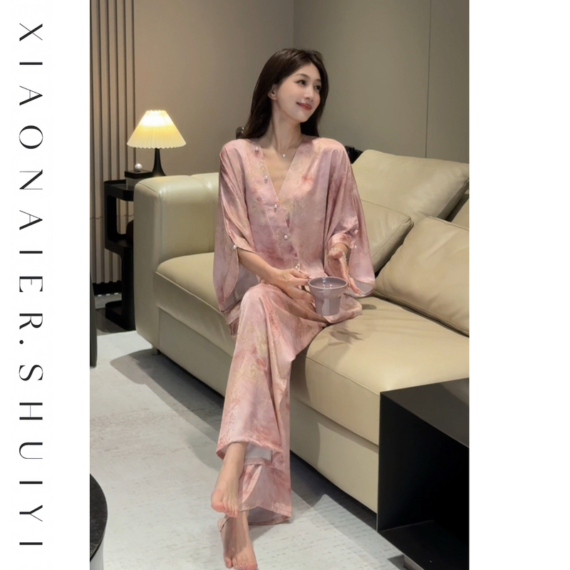 【Pink Love Letter】Three-Quarter Sleeve Chinese-Style High-End Pajamas for Women, Waist-Cinching, Slimming, Can Be Worn Outside 【Pink Love Letter】Three-Quarter Sleeve Chinese-Style High-End Pajamas for Women, Waist-Cinching, Slimming, Can Be Worn Outside